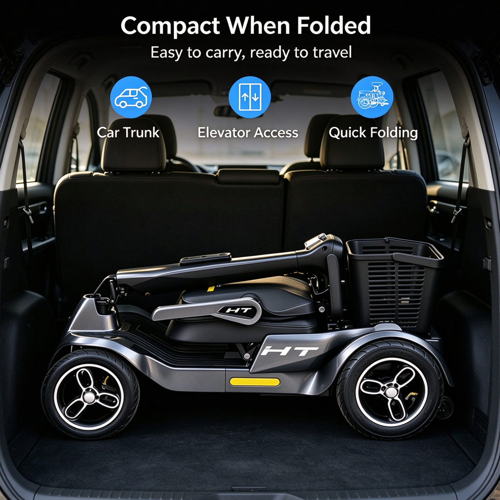 Foldable 4-Wheel Mobility Scooter for Seniors | 40KM Long Range, Anti-Tip Safe Electric Mobility Scooter